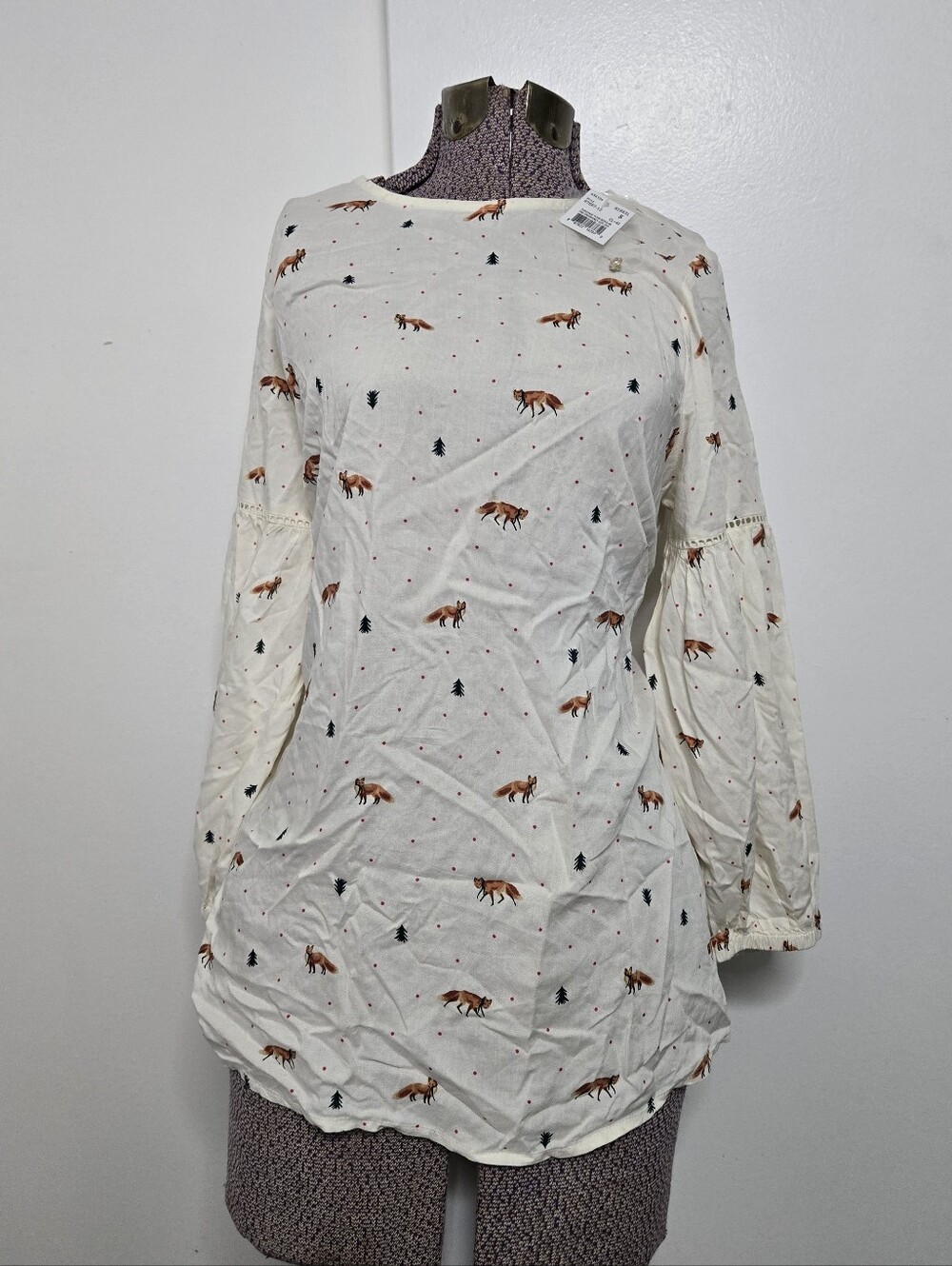 Motherhood Womens Cream Fox-Print Animal Critter Tree Polka Dot Print Top SZ S